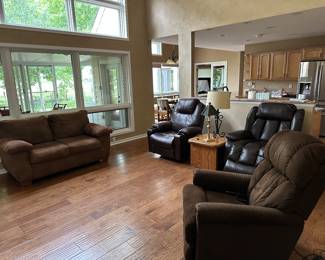 Love seat with matching full size couch available, three lazy boy electric recliners with lift assist, side table, two lamps