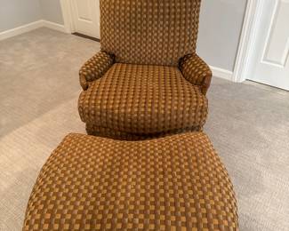 Upholstered chair & ottoman with wood base by Richard Charles.