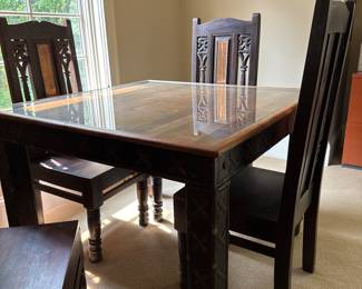 Vintage game table with glass top insert and 4 chairs with copper accents