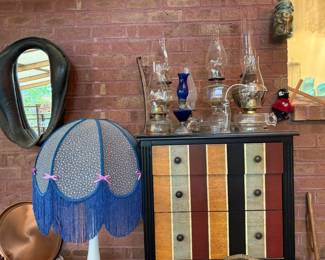 Antique and Vintage oil lanterns, Vintage handmade lamp shades, Vintage Saddle Mirror