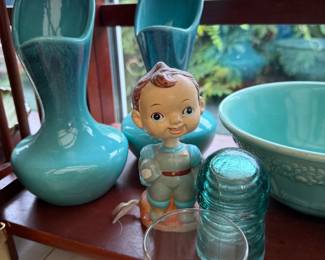 Vintage MCM ceramics, Vintage Nodder Bobble Head Pin Cushion, Vintage Insulators