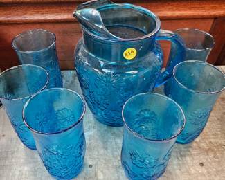 BLUE PITCHER AND DRINKING GLASSES