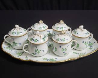Fleurs a Barbeaux Charles Hebert Rouen Limoges porcelain pot de creme set