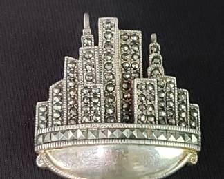 Sterling silver and marcasite brooch / pendant cityscape