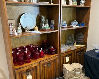 Bookcases, Ruby Red Fostoria, Willow Tree and vintage porcelain
