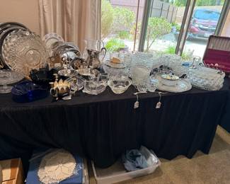 Crystal and glassware. Vintage linens