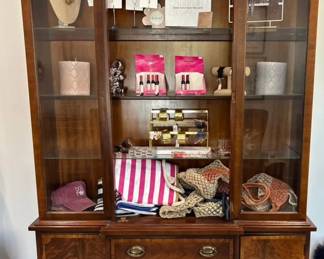 China cabinet , lighted interior 3 drawers , burlwood finish $350