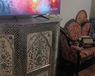 Outstanding tall Vintage Mosaic mirrored bar. Glides easily on rollers. Amazing storage!