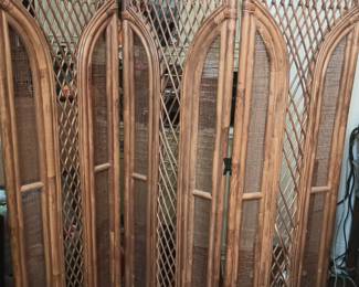 Boho Vintage Rattan folding screen. Several other decor pieces including red boudoir couch, hanging wood lamp, linens, furniture, curtains, etc!