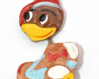 Vintage carved wooden spring head duck brooch