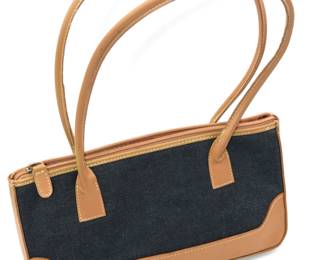 Navy tan purse with red plaid liner