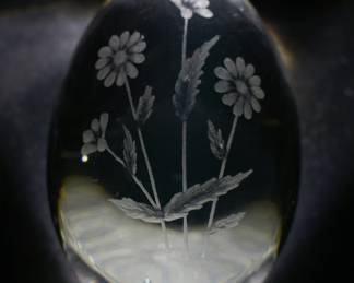 etched glass floral paperweight