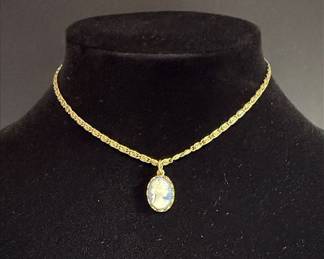 Vintage Avon Blue Cameo Pendant Necklace with Textured GoldTone Chain
