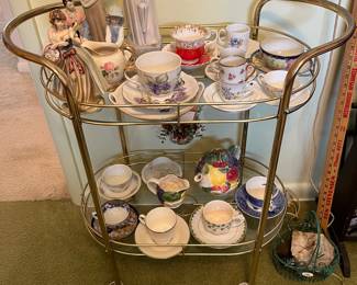 Vintage tea/bar cart; collection of vintage tea cups/saucers, china, pottery, and more.