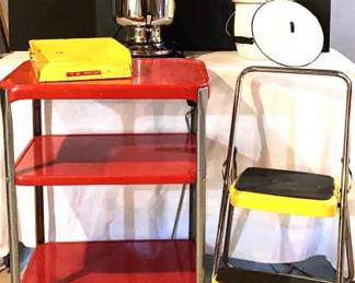 Vintage Threeshelf Red Metal Rolling Cart, Yellow Step Stool, Coffee Urn, White Enamelware, Paper