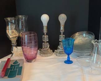 Assorted Glass, 2 Cut Glass Table Lamps, Candlesticks