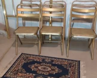 Folding Chairs, Brass Twin Headboard, Two Rugs