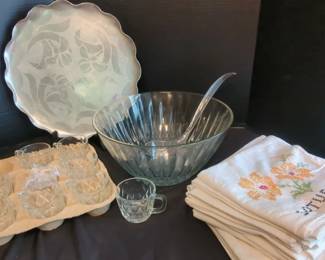 Punch Bowl And Cups, Embroidered Dish Towels