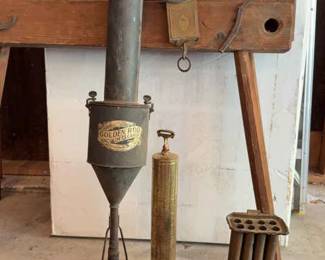 Golden Rod Vacuum, Fire Extinguisher, Deere Mansur Cast Iron Lid, Pelouze Scale,Saw Horse,Wood Plane