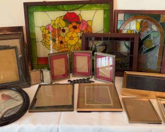 Assorted Vintage Frames And Stained Glass Decor