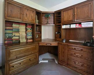 Large Wood Corner Desk With Drawers, Shelving Cabinets, Office Supplies Lamp