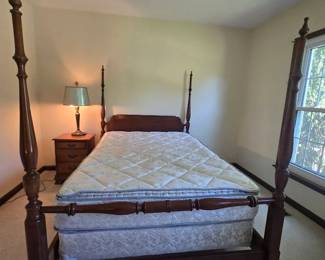 4 Post Wooden Full Size Bed Frame, Full Size Pillow Top Mattress Box spring, Wood Nightstand,lamp