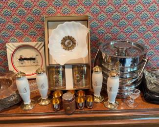 Vintage Briard Cocktail Set, Ashtrays, 6 Stacking Travel Shot Glasses, Salt Pepper