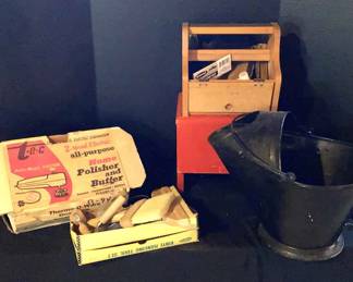 Vintage Polisher Buffer, Tools, Bucket, Shoe Shine Kit