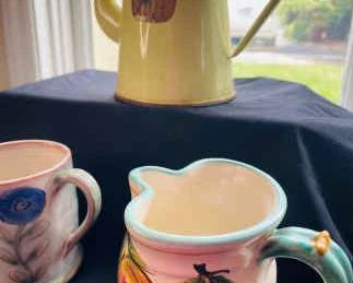 French Enamel Vintage Coffee Pot With Pottery Coffee Mug Creamer