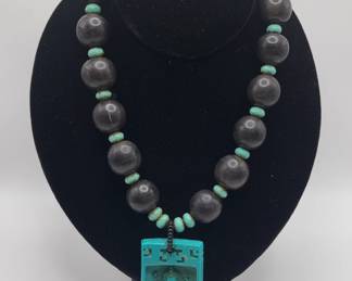 010 Tibet Buddhism Turquoise Necklace, Pendant, And Earring Set
