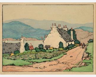 Lot 62: Norma Bassett Hall "Cottage in Skye" Color Woodblock (1941-42)