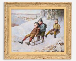 Lot 114: Edmund Adler "Children Sledding" Oil on Canvas
