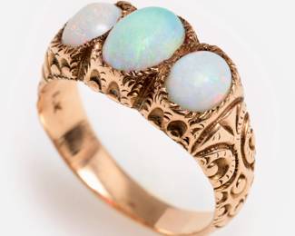 Lot 127: Victorian 14k Opal Three Stone Ring With Filigree