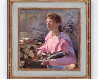 Lot 210: Steve Gerhartz "Wendi Carrying Wood" Oil on Canvas (1993)