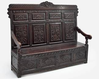 Lot 135: Jacobean-Style Oak Settle, Carved "1677 RH"