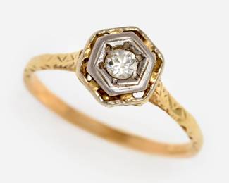 Lot 167: Vintage 14k 2-Tone Diamond Solitaire Ring W/ Filigree