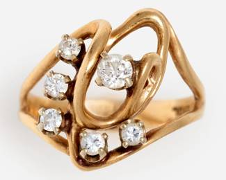 Lot 229: 14k Freeform Diamond Ring w/6 Diamonds, .52 ctw.