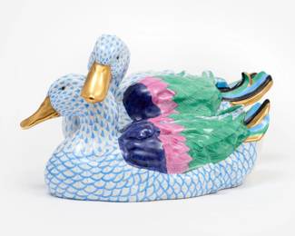 Lot 142: Herend (Hungary) Large "Pair of Ducks" Blue Fishnet Porcelain Group