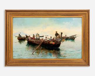 Lot 115: Blas Olleros y Quintana "Boats of Napoli" Oil on Canvas (1886)