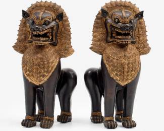 Lot 158: Large Pair of Mixed Bronze Cambodian Foo Dogs