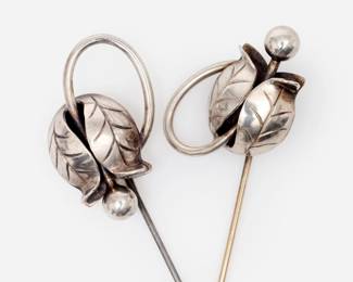 Lot 212: George Jensen Sterling Pair of Flower Leaf Bud Stick Pins