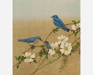 Lot 171: Edward von Siebold Dingle "Eastern Bluebird and Cherokee Rose" Collotype