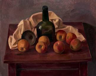 Lot 19: Wilbur Niewald "Still Life with Green Bottle and Apples" Oil (2004)