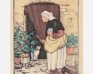 Lot 64: Norma Bassett Hall "Streetsweeper of Antibes" Color Woodblock (1927-28)