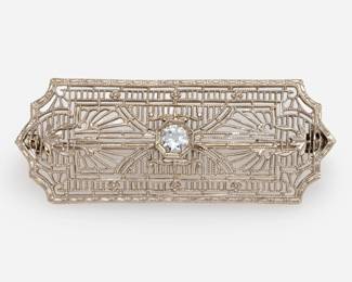 Lot 129: Edwardian 14k Filigree Brooch W/ Diamond