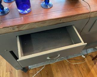 Butcher block island with storage and on wheels 38.5” x 69.5” x 25” $880 + tax
