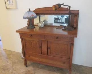 Antique Sideboard with Mirrored Hutch, 48" X 21" X 56" High