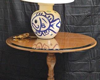 Vintage Round Pedestal Side Table with Whimsical Ceramic Fish Lamp Complete Set