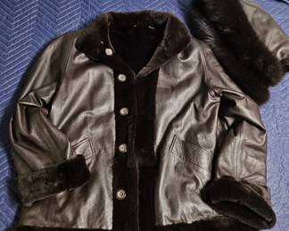 Vintage Brown Leather Fur Trimmed Coat with Matching Hat
