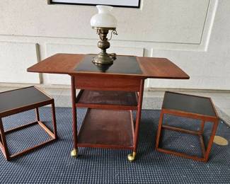 MidCentury DropLeaf Cart, Matching Nesting Tables Vintage Lamp